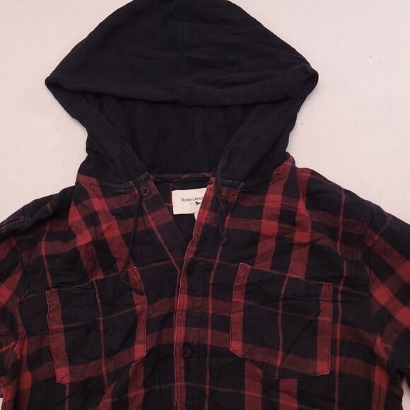 Modern Amusement Casual Long Sleeve Button Up Hoodie Mens Size M Red Black Plaid - Picture 1 of 11